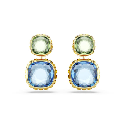 Swarovski Chroma drop earrings, Cushion cut, Multicolored, Gold-tone finish