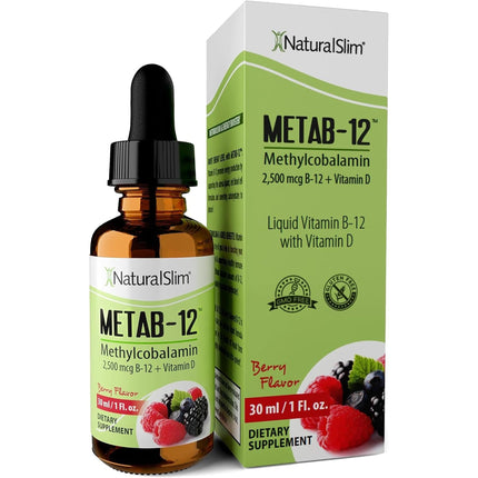 NaturalSlim Liquid B12 Vitamins with Vitamin D - Metab-12 Methylcobalamin 2500 mcg B12 Sublingual Drops for Metabolism, Energy, & Immune Support - Berry Flavor 1 fl oz