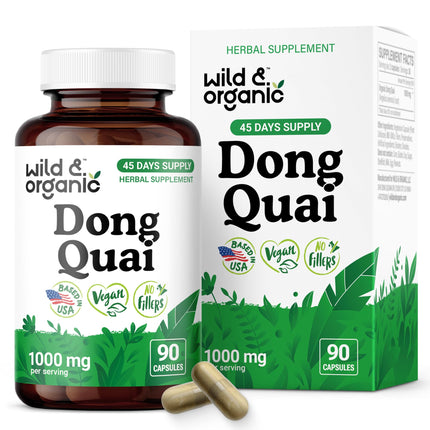 Wild & Organic Dong Quai Capsules 1000 mg - Menopause Supplements for Women - Dong Quai Supplement for Women - 45-Day Supply - Traditional Angelica Sinensis - Non-GMO, Vegan, Gluten-Free - 90 Count