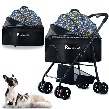 PawLuxe 4 Wheels Pet Stroller 4 in 1 Pet Stroller with Detachable Carrier for Small & Medium Dogs Cats up to 55 lbs Easy-Folding Travel Dog Wagon with Car Seat Breathable Mesh,Blue Cartoon