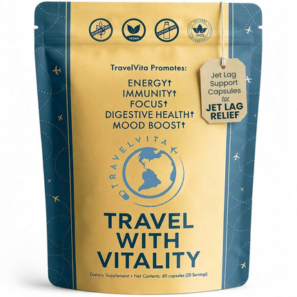 Natural Travel Pills - Traveling Supplement for Jet Lag Relief, Digestion, Immunity, Energy, Sleep, Circulation - Vacation and Long Flight Essentials for Men and Women - 30 Day Supply