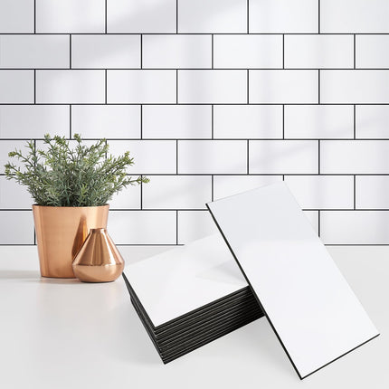 StyloVue 100 Pieces Peel and Stick Backsplash for Kitchen, 3" x 6" PVC Subway Tile, Glossy White with Dark Gray Grout, Self Adhesive Stick on Wall Tiles for Kitchen, Bathroom, Fireplace, RV