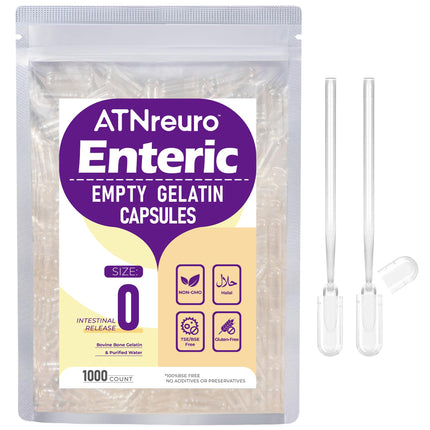 ATNreuro Size 0 Enteric Coated Empty Capsules – 100 Count Acid Resistant Gelatin Capsules – Delayed Release Empty Capsules for Probiotics, Herbal Powders – Non-GMO, Gluten Free