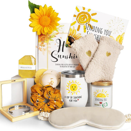 Birthday Gifts for Women, Sending Sunshine Christmas Gifts, Get Well Soon Gifts Basket Care Package Unique Spa Gifts Box with Wine Glasses for Thinking of You Her Sister Best Friend