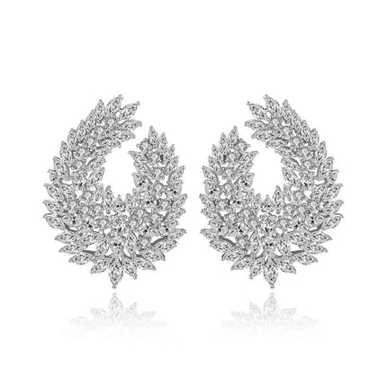 CWWZircons Luxury Cubic Zirconia Dangle Drop Big Earrings, Silver Plated, Clear Crystal Leaf Design, Wedding Bridal Party Statement Jewelry