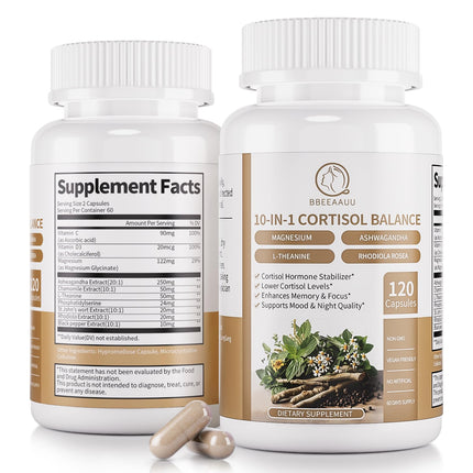 2 Pack Cortisol Supplements for Women & Men - 10-in-1 Cortisol Reducer Manager Detox with Ashwagandha, Magnesium - Lower High Cortisol Levels, Relaxation & Night Support, Non-GMO, 120 Capsules