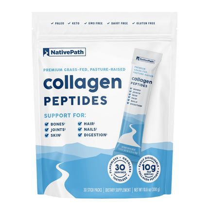 NativePath Collagen Peptides Protein Stick Packs - Hydrolyzed Type 1 & 3 Collagen Powder for Skin, Hair, Nails - 30 Servings