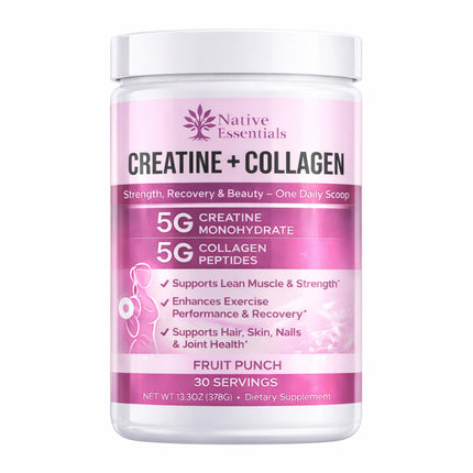 Native Essentials Creatine for Women + Collagen Peptides 5g Each - Muscle, Beauty, Performance