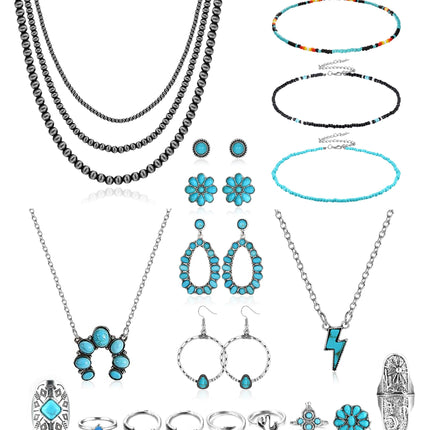 Fansilver Turquoise Jewelry for Women Bohemian Western Jewelry Set,20PCS