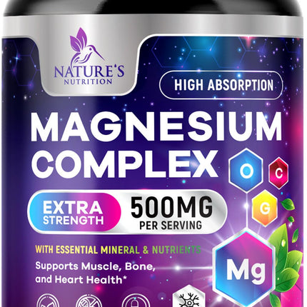 Magnesium Complex Supplement - Magnesium 500 mg Per Serving - 4 in 1 High Absorption Blend - 100% Chelated Magnesium Glycinate with Malate, Citrate & Oxide - Vegan Complex - USA Bottled - 120 Capsules