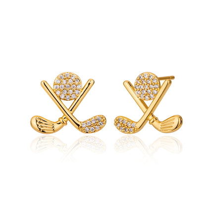 lijiayione Golf Stud Earrings for Women, Gold Plated Hypoallergenic Flat Back Cubic Zirconia Sports Jewelry, Cute Small Dainty Novelty Accessory Birthday Gift for Golfer Player Fan Tournament Team Match (Gold)