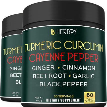 Herbpy 7in1 Turmeric and Cayenne Pepper Supplement - Digestion, Immune, Brain & Heart Health Support with Ceylon, Ginger, Garlic, Beetroot - 2Pack60