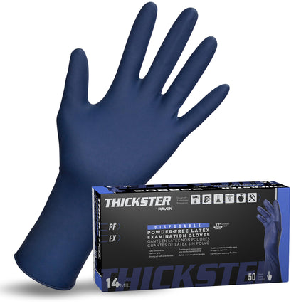 Thickster Powder-Free Exam Grade Latex Disposable Gloves. Size Large. Blue, 14 mil Thickness, 12" Length. Fully Textured for Superior Grip. Single Use. Pack of 50. (6603-20)