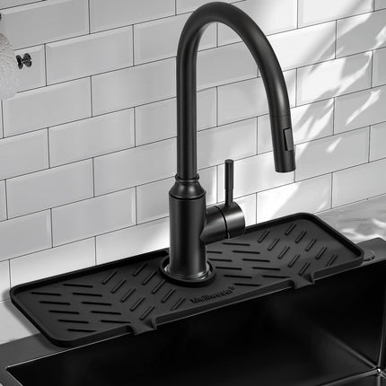 Meiliweser Silicone Faucet Mat for Kitchen Sink – Gen 2 Splash Guard with Upgraded Outlet & Slope – 18” x 5.1” Water Catcher & Sink Sponge Holder for Kitchen and Bathroom (Black)