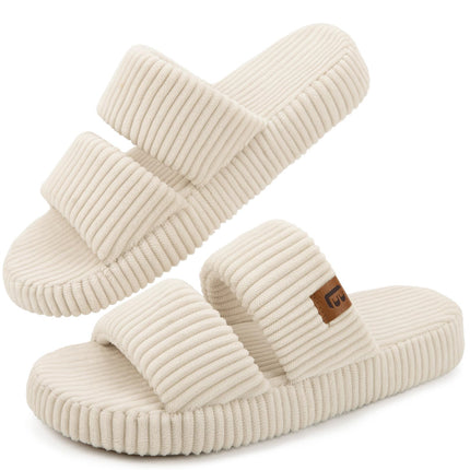 LongBay Slippers for Women Memory Foam Open Toe Slide Indoor House Shoes Slip On Bedroom Comfy Gift Beige, 7-8