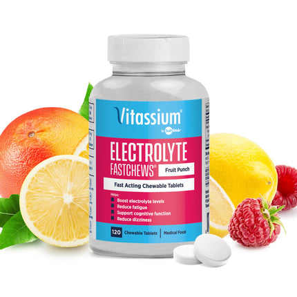Vitassium FastChews, Chewable Electrolyte Tablets for Management of POTS and High Sodium Diets, Fast-Acting Sodium Tablets, Fruit Punch, 120 Count