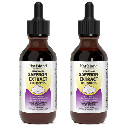 NATISLAND Liposomal Saffron Drops for Kids, Organic Saffron Extract Supplements with Holy Basil, Rosemary for Focus, Attention & Brain Support, Vegan, Alcohol-Free, Strawberry Flavor, 4 FL OZ