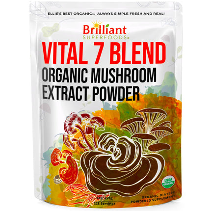 Ellie's Best 7 Mushroom Powder Extract Organic Blend - Reishi, Lion's Mane, Chaga, Turkey Tail, Cordyceps, Maitake & Shiitake - Double Extracted - Pure No Fillers - 8oz / 228 1g Servings……