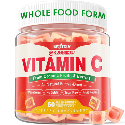 Organic Vitamin C Gummies 120mg for Adults, Sugar Free, Daily Immune Defense, Raw Antioxidant, 100% Whole Food Chewable Vitamin C Supplement from 1200mg Berries & Fruits for Collagen, Vegan, 60 Counts