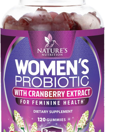 Nature's Nutrition Probiotics for Women Gummies with Cranberry - 6 Premium Strains for PH Balance, Digestive Health, Vaginal & Immune Support, Women's Probiotic Gummy for Feminine Health - 120 Gummies