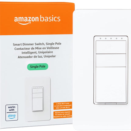 Amazon Basics Smart Dimmer Switch, Single Pole, Works with Alexa Only, Voice Control, 2.4 GHz Wi-Fi, No Hub Required, Neutral Wire Required, White