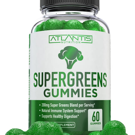 Atlantis Nutrition Supergreens Gummies - Daily Green Superfoods Supplement with Spinach, Broccoli, Moringa, Beet Root, Celery, Green Tea, & Acai for Immunity Support - Natural Raspberry Flavor, 60 cnt