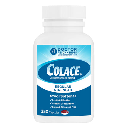Colace Stool Softener 100 mg, 250 Capsules, Constipation Relief, Docusate Sodium, Gentle Docusate, Stimulant-Free, Regular Strength, #1 Doctor Recommended Stool Softener Brand