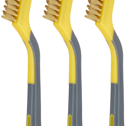 Amazon Basics Brass Mini Wire Brushes for Cleaning, Rust Removal, Paint Removal, Soft Grip Ergonomic Handle, 1/2 inch, Yellow/Grey, 3-Pack
