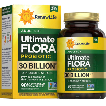 Renew Life Probiotic Adult 50 Plus Probiotic Capsules, Daily Supplement Supports Urinary, Digestive and Immune Health, L. Rhamnosus GG, Dairy, Soy and gluten-free, 30 Billion CFU, 90 Count