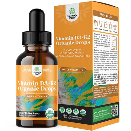 Natures Craft Liquid Vitamin D3 with K2 for Adults - Organic Drops 2000IU per Serving Vegan Bone Muscle Heart & Immune Support MCT Oil Enhanced Absorption - 2Fl Oz (Pack of 1)