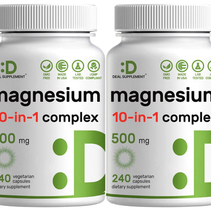 Magnesium Complex 500mg, 480 Veggie Capsules – Pack of 2 | 10-in-1 Glycinate, Citrate, Malate, Oxide, & More – 100% Chelated for Easy Absorption – Essential Mineral Supplement – Non-GMO