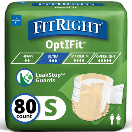 FitRight Adult Diapers, 80 Count, Size Small (Waist Size 20"-32"), Incontinence Briefs for Men and Women, Disposable, Moisture Wicking, Leak Protection, PACKAGING MAY VARY