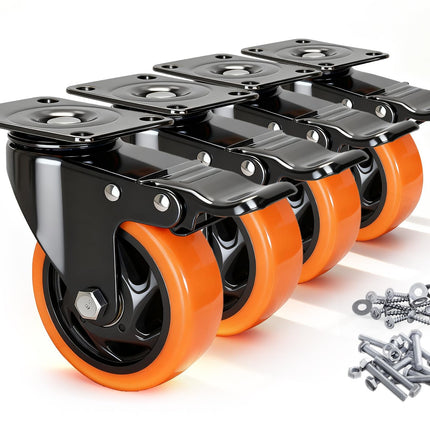 Caster Wheels, 4 Inch Caster Set of 4, Dual Locking PU Casters 2400LB, Swivel Casters for Furniture, Workbench & Tool Cart – Quiet, Floor Safe, Smooth Rolling