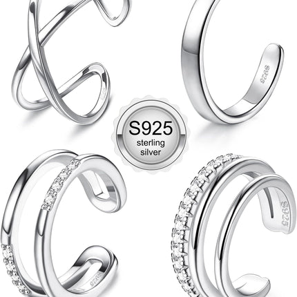 JeryWe 4 Pcs 925 Sterling Silver Ear Cuff for Women Non Piercing Adjustable Ear Cuff Earrings Clip On Cartilage Helix Wrap Ear Jewelry Set Sliver