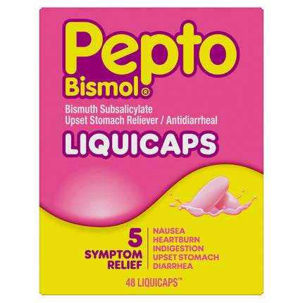Pepto Bismol Liquicaps, Upset Stomach Relief, Nausea Relief, Heartburn Relief, Indigestion Relief, Anti Diarrhea Medication for Adults - 5 Symptom Fast Relief, No Flavor, 48 ct