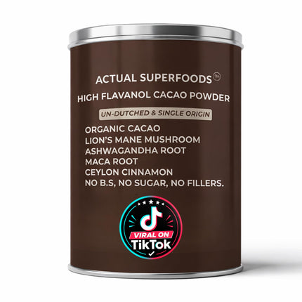 Actual Superfoods High Flavanol Cacao Powder Blend - Flavanols & Flavanoids - Organic Coffee Alternative with Lions Mane, Ashwagandha, Maca & Ceylon Cinnamon - 7.4 ounces - Morning Focus & Energy Ritual