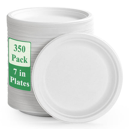 Vplus 350 Pack Paper Plates 6.9 inch 100% Compostable, Heavy-Duty Disposable Paper Plates Bagasse Natural Biodegradable Eco-Friendly Sugarcane(White)