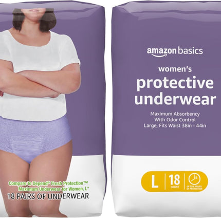 Amazon Basics Postpartum Incontinence Underwear for Women, Maximum Absorbency with Bladder Leak Protection, Fresh Protection, Disposable, Large, Lavender, 18 Count (Pack of 2)