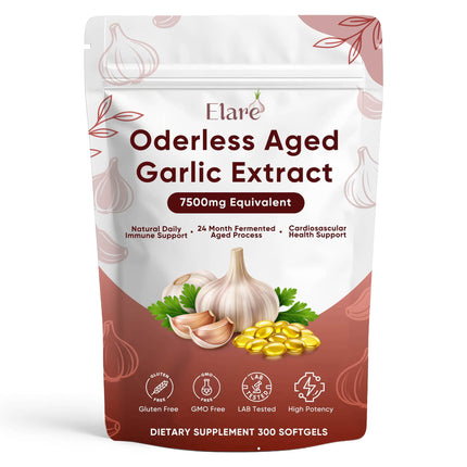 Elare Aged Garlic Extract - 300 Softgels, Odorless Garlic Supplement, 2-Year Matured, Supports Heart Health, Immune System & Antioxidant Wellness, Vegetarian, Non-GMO, All-Natural, Gluten-Free