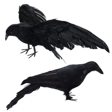 Black Fake Crows Halloween Decorations, 2 Pcs Large Realistic Feather Crows