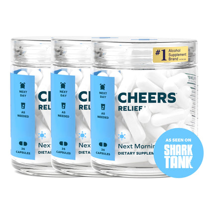 Cheers Relief | Next Morning Aid with Ginger + White Willow Bark | Feel Better After Drinking | 36 Doses | Ginger, White Willow Bark, L-Theanine, Caffeine