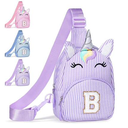 COSHAYSOO Purple Girl Purse Unicorn Crossbody Sling Bag Small, Cute Easter Day Gifts for 3 4 5 6 7 8 9 10 Year Old Girls Easter Basket Stuffers Birthday Party Favor Girly Stuff Initial Letter B