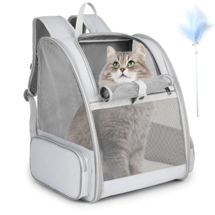 Cat Backpack Carrier, Large Pet Carrier Backpack with Kitten Wand Feather Toy for Medium Small Dog Cat Puppy Kitty Bunny up to 15lbs, Ventilated Mesh Kitten Bookbag for Travel Walking Outdoor (Grey)