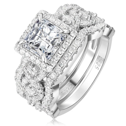 RYANEE Princess Cut Cubic Zirconia Halo Promise Engagement Ring For Women in 925 Sterling Silver, Simulated Diamond 14k White Gold Plated CZ Stackable Rings For Her, Wedding Band Bridal Ring Set 7