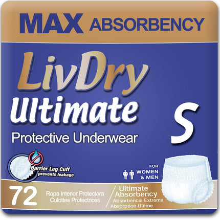 LivDry Small Ultimate Adult Incontinence Underwear, High Absorbency, Leak Cuff Protection, S, 72-Pack