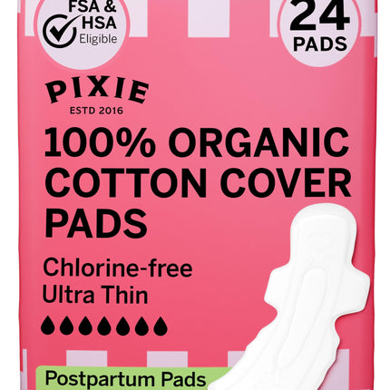 Pixie Organic Cotton Ultra-Thin Extra Long Overnight Pads for Women – Maximum Absorbency with Wings – Leak-Proof, Hypoallergenic, Unscented, Postpartum – Compostable, Biodegradable – 24 Count