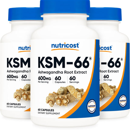 Nutricost KSM-66 Ashwagandha Root Extract 600mg, 60 Veggie Caps (3 Bottles) - 5% Withanolides - with BioPerine
