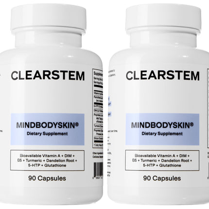 CLEARSTEM - MINDBODYSKIN Hormonal Acne Supplement (5-HTP) - Natural DIM Supplement - Skin Care Vitamins - Hormone Balance, Antioxidants - Gluten Free, Cruelty Free - 60 Servings, 180 Capsules