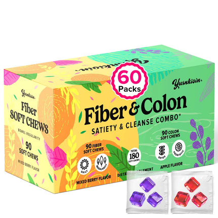Yusnkioin Fiber Gummies & Colon Gentle Cleanse - 180 Soft Chews Fiber Gummies for Adults, 50 B Probiotics, Psyllium Husk & Senna - Colon Detox Cleanse for Gut Health, Regularity & Bloating Relief