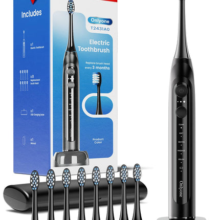 Onlyone Ultrasonic Electric Toothbrush for Adults, Rechargeable Electric Toothbrush with 8 Brush Heads, Travel Case, Charging Base & Wireless Charging - 5 Modes with Smart Timer